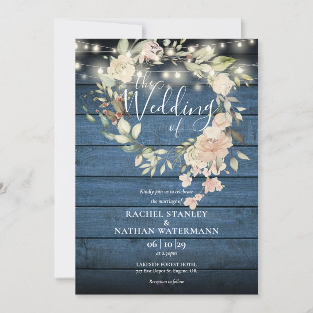 Invitación Luces de Cuerda Florales de Madera para Boda Rústi (Anverso)
