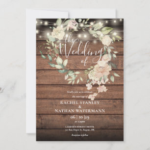 Invitación Luces de Cuerda Florales de Madera Rústica con Mon