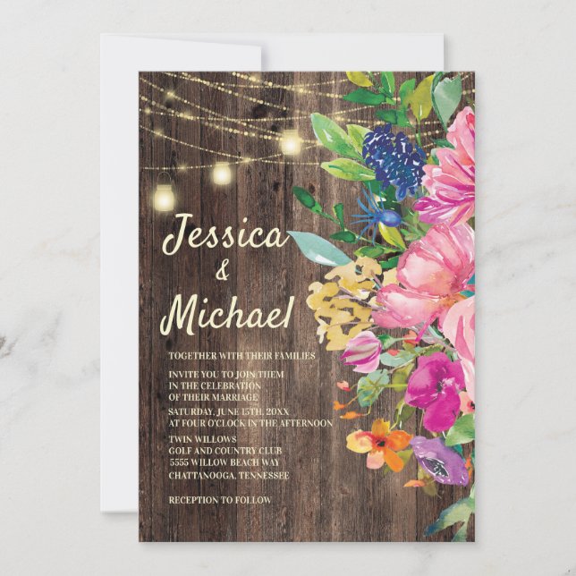 Invitación Luces de Cuerda Florales de Madera Rústica Rosa Az (Anverso)