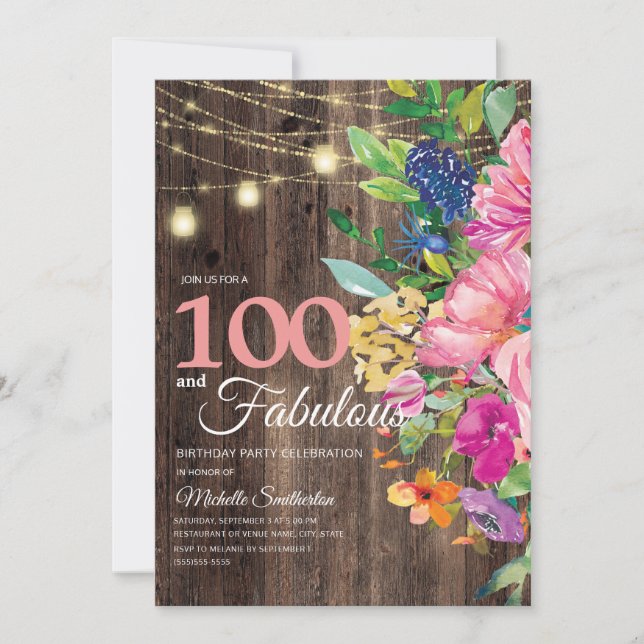 Invitación Luces de Cuerda Florales de Madera Rústica Rosadas (Anverso)