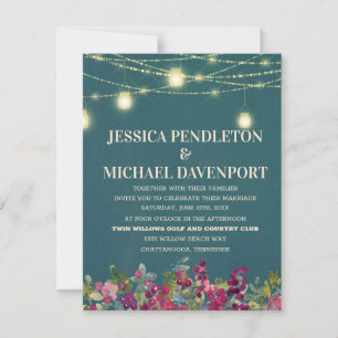 Invitación Luces de Cuerda Florales Moradas Verde Azul Claro