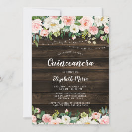 Invitación Luces de Cuerda Florales Rosa Rústicas Quinceañera