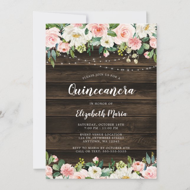 Invitación Luces de Cuerda Florales Rosa Rústicas Quinceañera (Anverso)