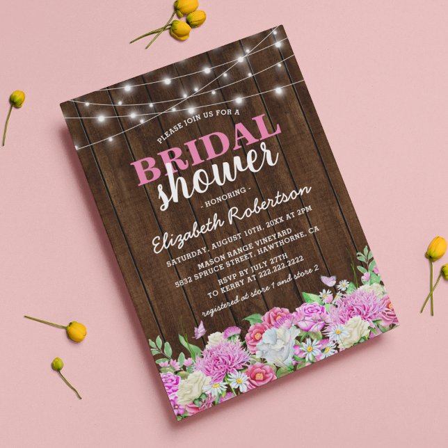 Invitación Luces de Cuerda Florales Rosa Rústico para Fiesta  (Subido por el creador)