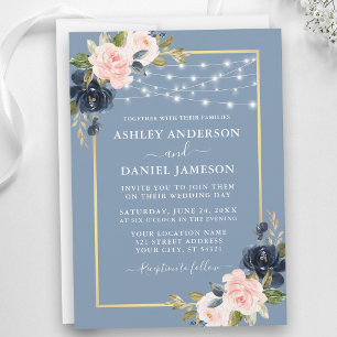 Invitación Luces de Cuerda Florales Rosadas Azul Polvoriento