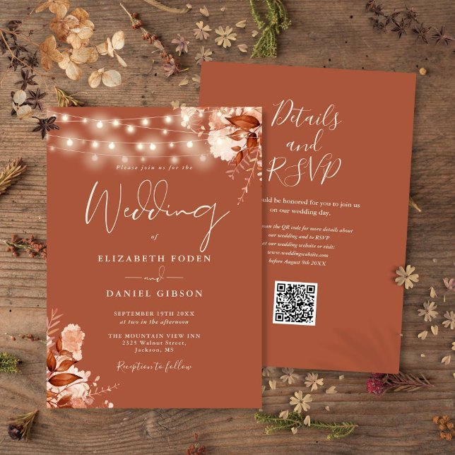 Invitación Luces de Cuerda Florales Rústicas Código QR Boda O (Rustic Floral String Lights QR Code Fall Wedding Invitation)