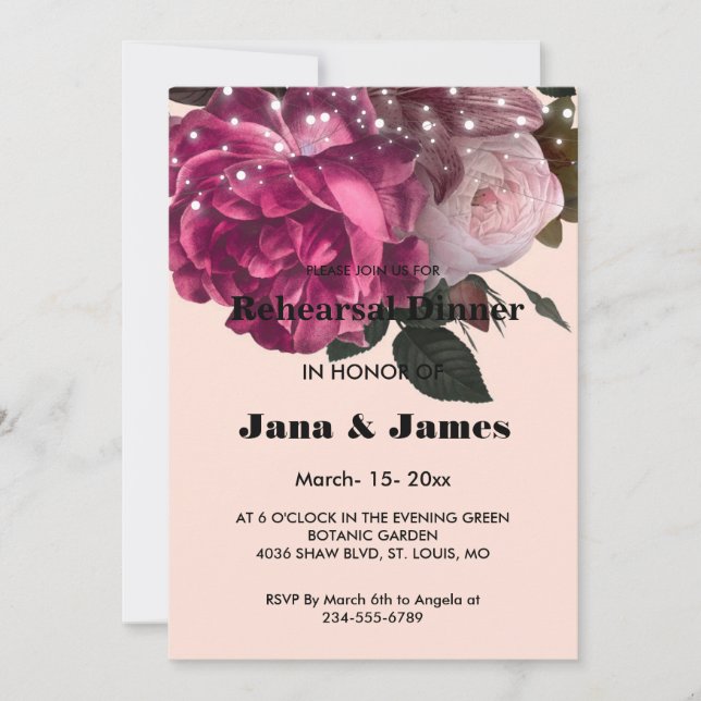 Invitación Luces de cuerda Flores de Borgoña Ensayo de cena (Anverso)