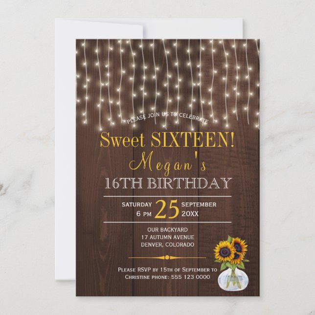 Invitación Luces de cuerda girasoles chic rústico dulces diec (Anverso)