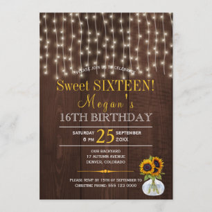 Invitación Luces de cuerda girasoles chic rústico dulces diec