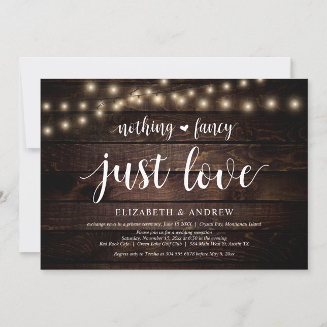 Invitación Luces de Cuerda Granja, madera, Boda Fuga Partido (Anverso)