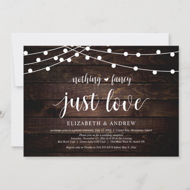 Invitación Luces de Cuerda Granja, madera, Boda Huida Fiesta (Anverso)