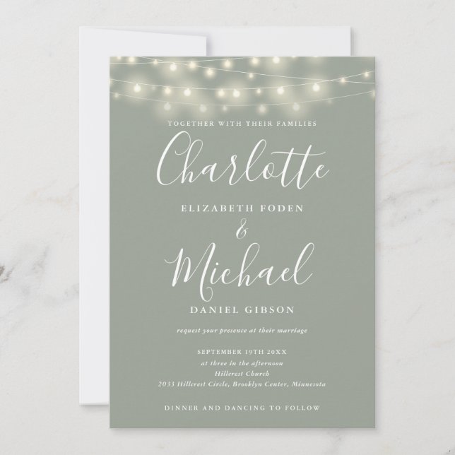 Invitación Luces de Cuerda Guion Verde Código QR Boda (Anverso)