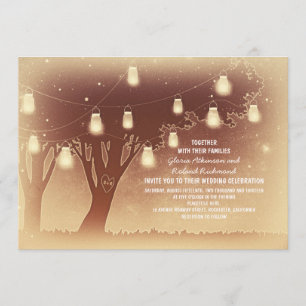 Invitación Luces de cuerda jars de masón árbol boda rústico