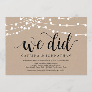Invitación Luces de Cuerda Kraft, letra negra, Huida de Boda