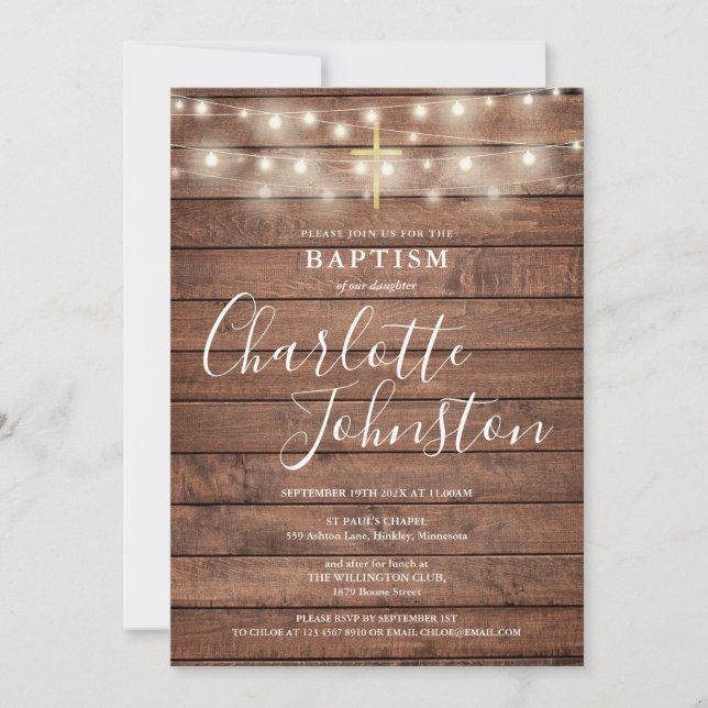 Invitación Luces de Cuerda Madera Rústica Bautizo (Anverso)