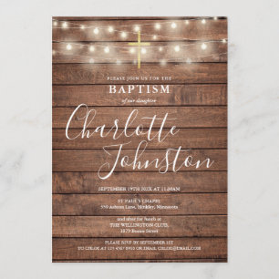 Invitación Luces de Cuerda Madera Rústica Bautizo