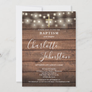 Invitación Luces de Cuerda Madera Rústica Bautizo