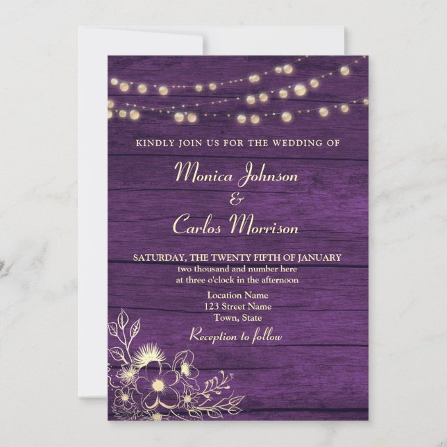 Invitación Luces de Cuerda Madera Rústica Bodas Morado (Anverso)
