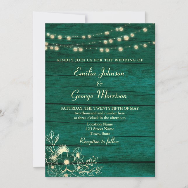 Invitación Luces de Cuerda Madera Rústica Verde Esmeralda Bod (Anverso)