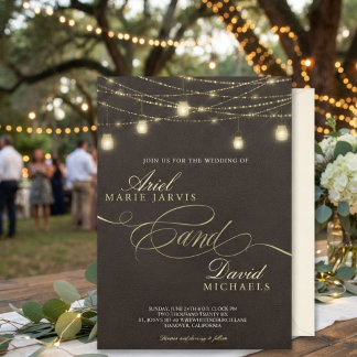 Invitación Luces de Cuerda Marrón Rústicas Boda Romántica
