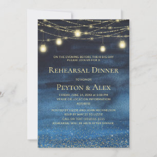 Invitación Luces de Cuerda Modernas Azules y Doradas para Cen