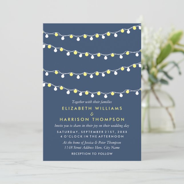 Invitación Luces de cuerda modernas, Boda amarillo y blanco (Anverso de pie)