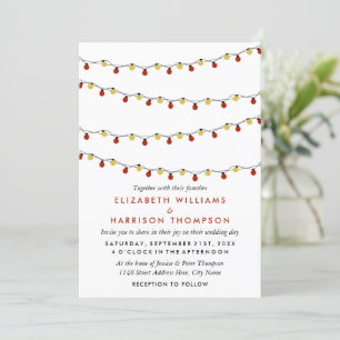 Invitación Luces de cuerda modernas, Boda rojo y dorado