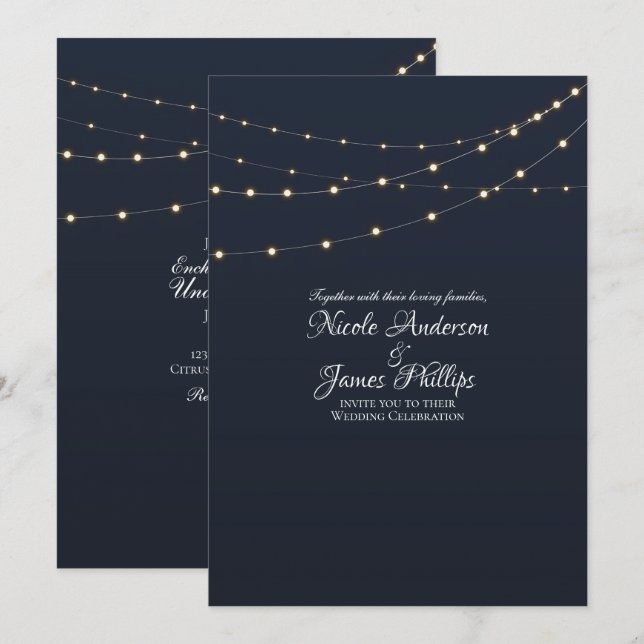 Invitación Luces de Cuerda Modernas Bodas Rústicas Simples Mí (Anverso / Reverso)