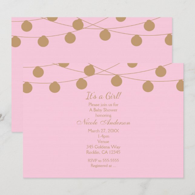 Invitación Luces de Cuerda Modernas de Rosa y Dorado Invitaci (Anverso / Reverso)