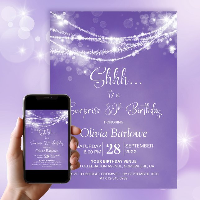 Invitación Luces de cuerda morada Sorpresa 80 cumpleaños fies (Subido por el creador)
