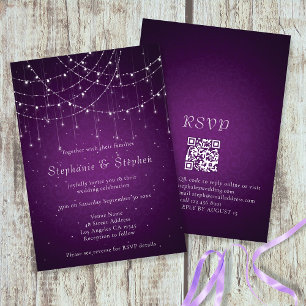 Invitación Luces de Cuerda Moradas Elegantes Código QR Boda 