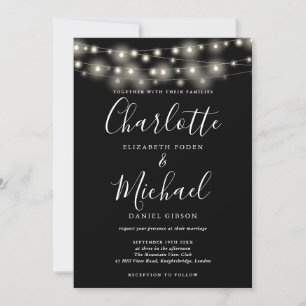 Invitación Luces de Cuerda Negras y Blancas Boda con Letra El