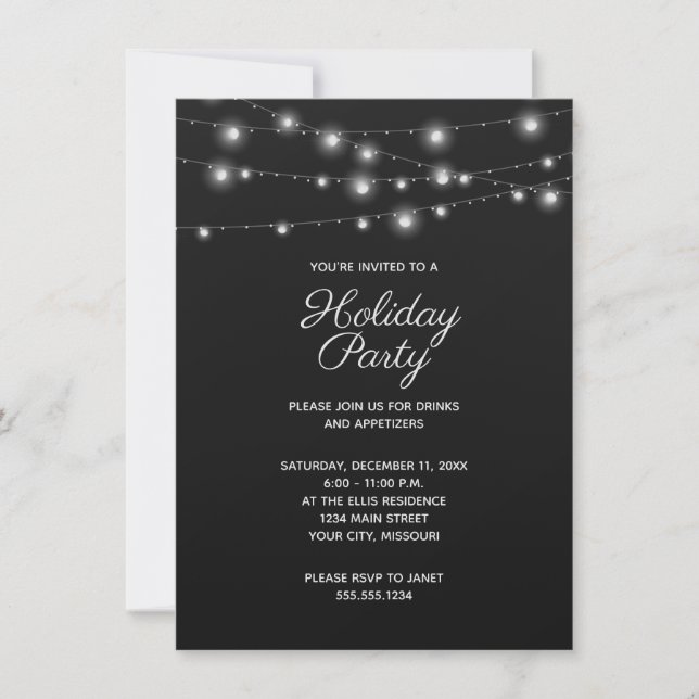 Invitación Luces de Cuerda Negras y Blancas Fiesta de Navidad (Anverso)