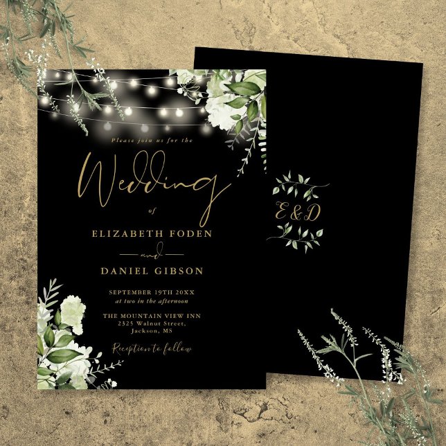 Invitación Luces de Cuerda Negras y Doradas Florales Boda (Black And Gold String Lights Floral Wedding Invitation)