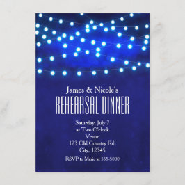 Invitación Luces de Cuerda para Noche Rústica Azul Cena de En