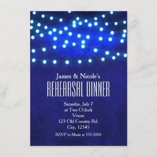 Invitación Luces de Cuerda para Noche Rústica Azul Cena de En