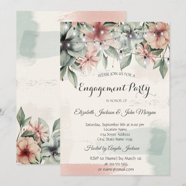 Invitación Luces de Cuerda,Pincelada,Compromiso Floral (Anverso / Reverso)