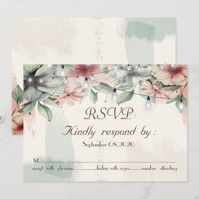 Invitación Luces de Cuerda, Pincelada, Floral RSVP (Anverso / Reverso)