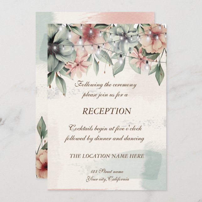 Invitación Luces de Cuerda, Pincelada, Recepción de Boda Flor (Anverso / Reverso)