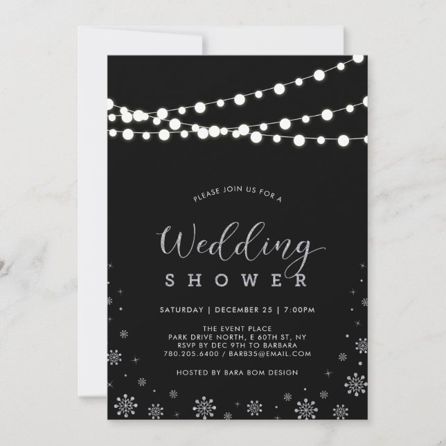 Invitación Luces de Cuerda Plateadas y Negras para Ducha de B (Anverso)