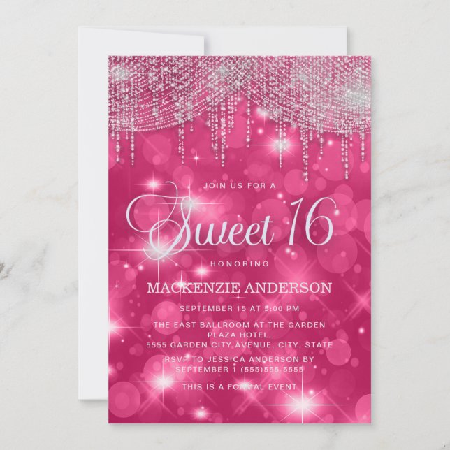 Invitación Luces de Cuerda Rosa Caliente Brillan Dulces 16 (Anverso)