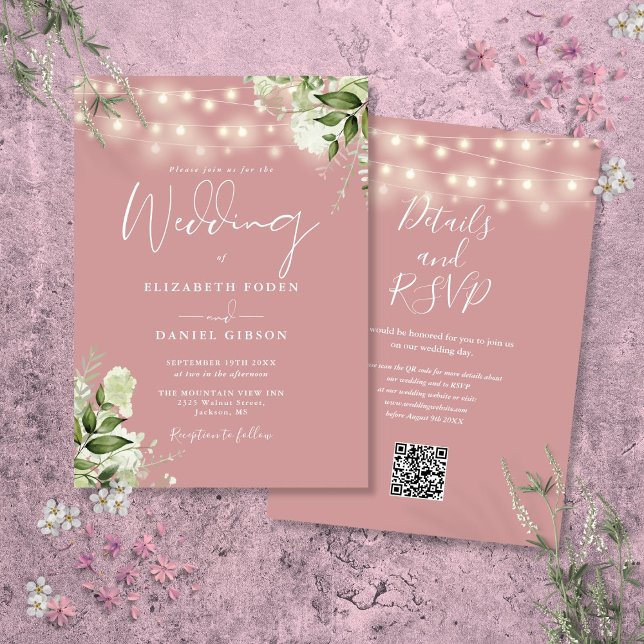 Invitación Luces de Cuerda Rosa Polvoriento Código QR Floral  (Dusty Rose String Lights Floral QR Code Wedding Invitation)