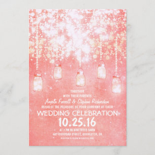 Invitación Luces de cuerda rosadas brillantes boda de jarras 
