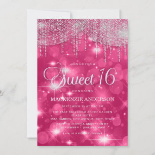 Invitación Luces de cuerda rosadas calientes Sparkle Sweet 16