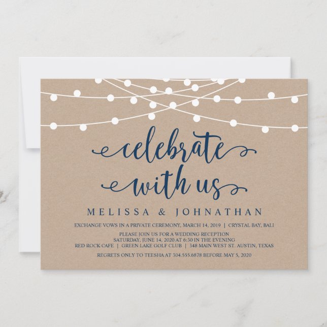 Invitación Luces de Cuerda Rústicas, Azul Marino Kraft, Elope (Anverso)
