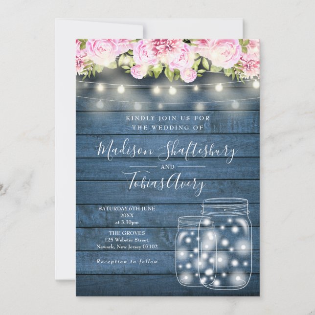 Invitación Luces de Cuerda Rústicas Azules en Florero de Boda (Anverso)