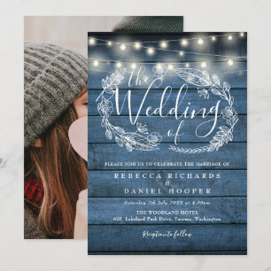 Invitación Luces de Cuerda Rústicas Azules Florales Boda Foto
