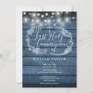 Invitación Luces de Cuerda Rústicas Azules Primera Comunión