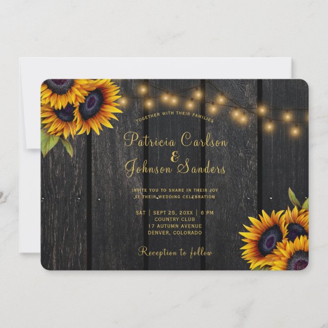 Invitación Luces de cuerda rústicas boda de madera de girasol (Anverso)