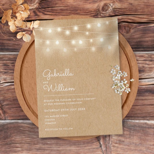 Invitación Luces de Cuerda Rústicas Boda Kraft (Subido por el creador)